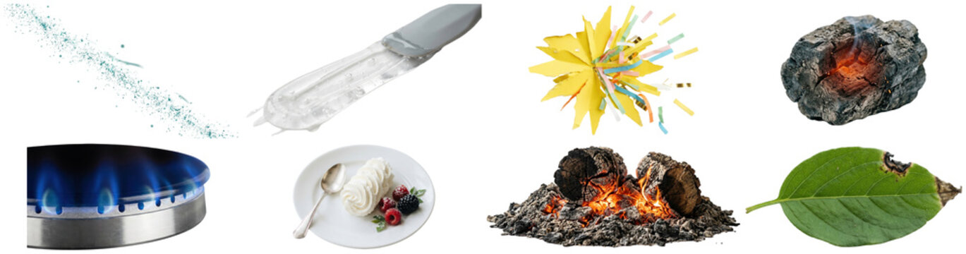 A varied collection of glowing, textured, and decorative elements including fire, particles, botanical damage, dessert, gel, and paper accents.