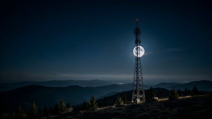 Obraz premium Tower under Full Moon with Scenic Mountain Landscape at Night