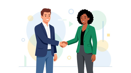 Obraz premium Diverse Business Partners Shaking Hands in Modern Office Setting with Abstract Geometric Background