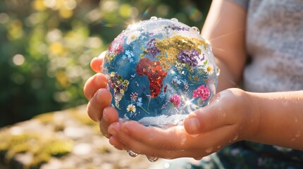 Obraz premium Child Hands Holding Glass Globe Refracting Vibrant Rainbow Sunlight Spectrum