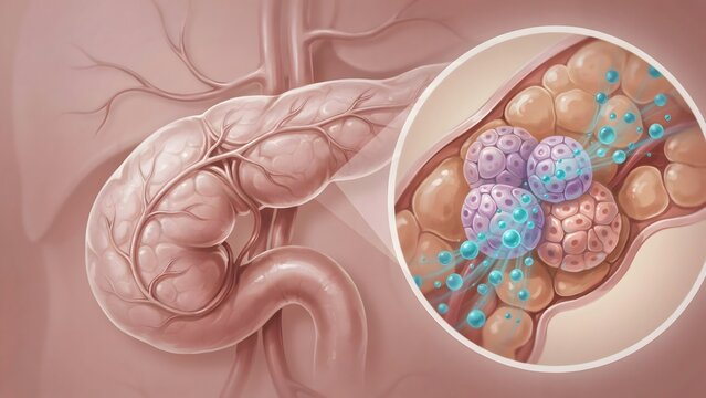 Detailed Illustration of Human Pancreas with Cellular Activity