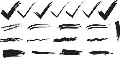 Fototapeta premium Collection of hand drawn black ink check marks and grunge brush stroke textures