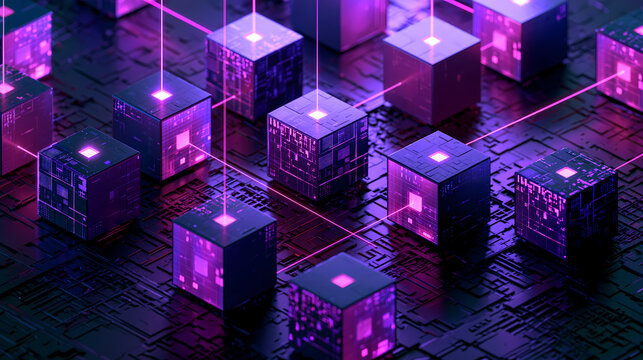Glowing cubes connected by pink lines on a dark surface