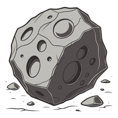 A detailed line of a cratered asteroid or meteorite floating in space, surrounded by small rocky debris on a white background © Abu