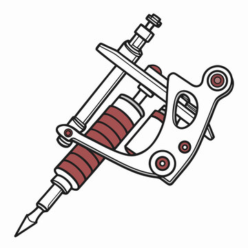 A detailed line of a tattoo machine with a red grip, isolated on a clean white background, for body