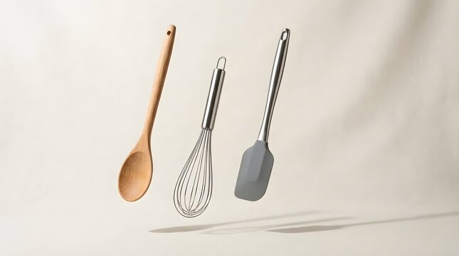 A collection of essential kitchen accessories including a wooden spoon and metal utensils floating against a neutral beige background