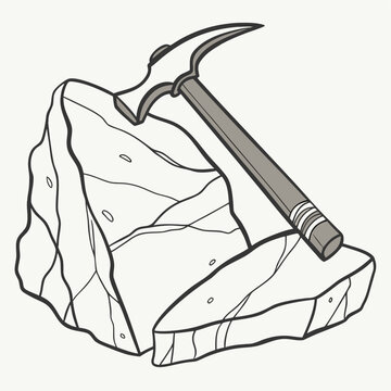 A hand-drawn of a metal pickaxe resting against a large, cracked rock, depicted in a simple line style on a light background