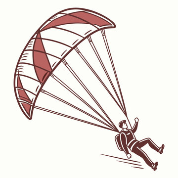 A line of a person paragliding with a large parachute canopy, depicted in a simple style, isolated on white background