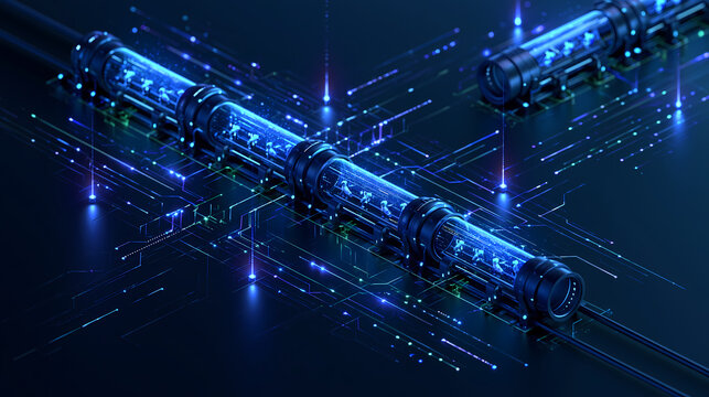 Futuristic glowing tubes on a digital circuit board