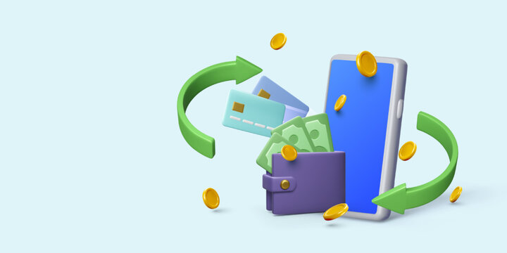 Digital Payment With Smartphone, Wallet, Bank Card, Money And Coins, Modern Fintech Finance Concept
