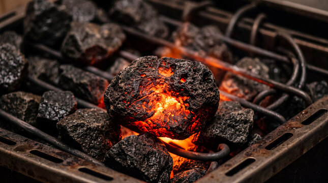 Glowing hot charcoal briquette burning intensely on a metal grill grate