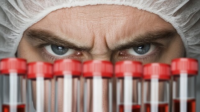 A focused scientist with a serious expression examines blood samples in a laboratory