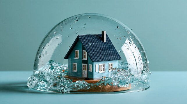 Small house protected from simulated water damage by a glass dome, flood insurance, property risk, home protection, disaster preparedness, financial security, conceptual studio