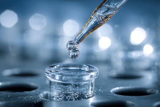 A dropper adds clear liquid to a vial, encapsulating the precision needed for laboratory research and pharmaceutical development