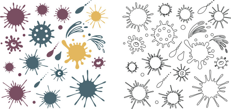 Collection of various virus or bacteria shapes and ink splashes, shown in both colored and black line styles