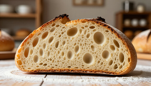 Sourdough bread slice freshly baked crusty loaf bread interior airy crumb rustic bakery homemade baking sliced bread food closeup artisan bread