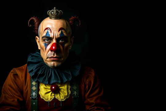Melancholy crowned court jester with red clown nose, worn blue and red theatrical face paint, ornate costume and dramatic studio lighting, posed against a black background with ample copy space areas.