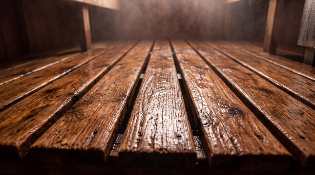 Wet wooden floor inside a traditional steam bath interior close up view