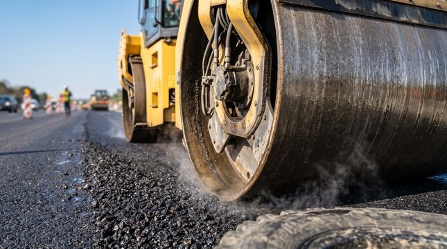 Rolo compressor pesado compactando asfalto quente e fumegante em uma rodovia rec&eacute;m-pavimentada durante o dia, conceito de infraestrutura, engenharia civil e manuten&ccedil;&atilde;o de estradas.