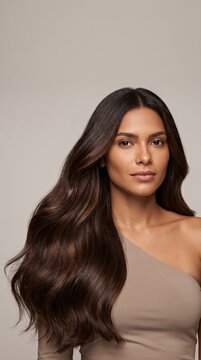 Retrato de beleza de uma linda mulher brasileira com cabelos castanhos longos, ondulados e volumosos, exibindo pele perfeita e maquiagem natural, ideal para campanhas de cosm&eacute;ticos e produtos capilare