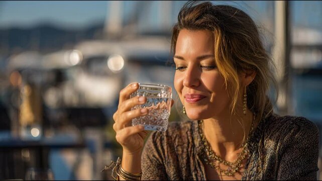 Beautiful woman with green eyes drinking a glass of water at a harbor during sunset