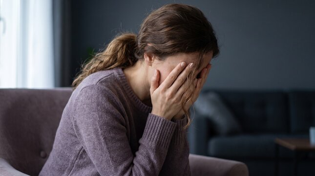 Jovem mulher brasileira triste e desesperada cobrindo o rosto com as m&atilde;os enquanto senta no sof&aacute;, conceito de depress&atilde;o, ansiedade e sa&uacute;de mental.