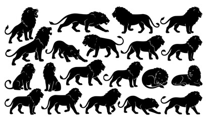Obraz premium 20 Black Lion Mascot Silhouettes Dynamic Poses Laser Cut Cricut Vector