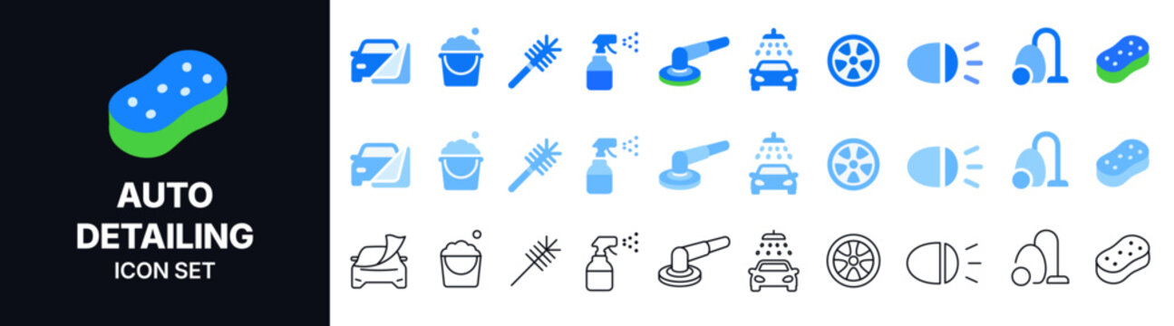 Auto Detailing Icon Set with Sponge, Car Wash, Cleaning Bucket, Brush, Spray Bottle, Polisher, Wheel, Headlight and Vacuum Symbols in Blue Vector Style