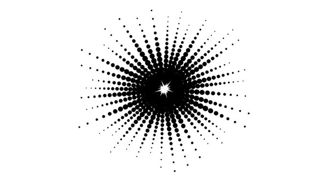 Halftone dot sunburst pattern with glowing central star emblem on clean white canvas for retro comic book pop art graphics.