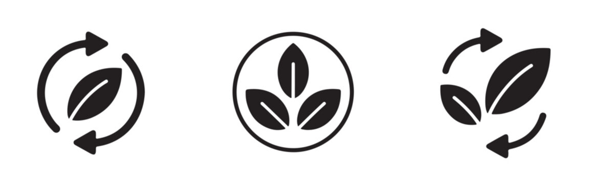 Black bio leaf loop cycle icons on transparent background for eco friendly product certification.