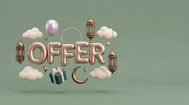 Eid celebration offer banner with lanterns and gift box