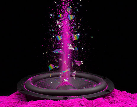 Abstract Macro Glowing Pink Neon Beam with Exploding Holographic Shards