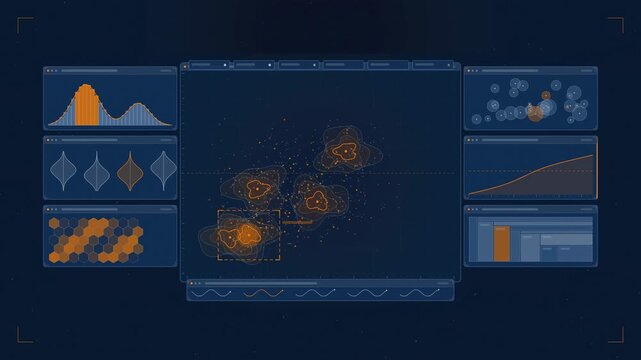 Abstract animated population density map clustering drawn as blue and cyan lines and shapes on a deep dark background. Seamless looping 4K motion graphics video with free space for text, ideal for tec