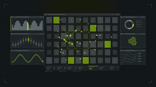 Abstract animated regional distribution volumes shifting drawn as green and teal lines and shapes on a deep dark background. Seamless looping 4K motion graphics video with free space for text, ideal f