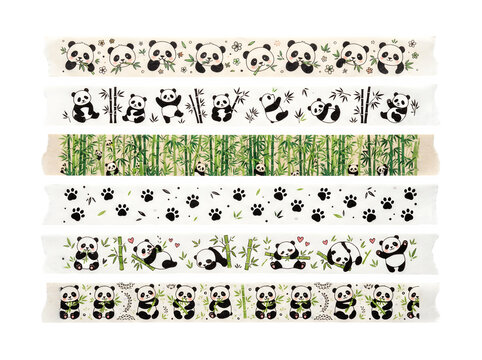 Set of cute panda washi tape patterns isolated on transparent background