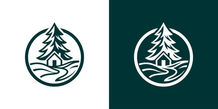 Minimalist outdoor cabin and pine tree logo emblem set. Circular forest house linear badge design for adventure and camping brand