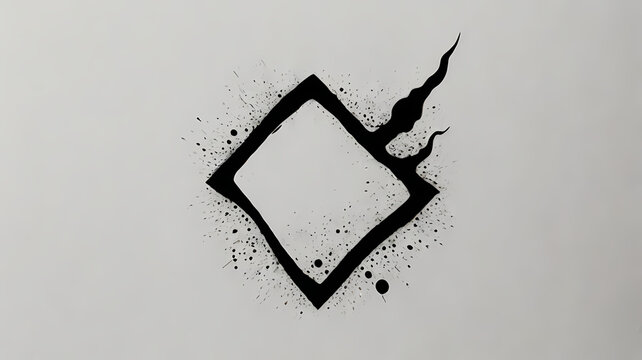 Abstract diamond shape rendered in black ink with splatters on a transparent background textured background.