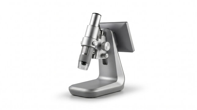 Modern digital microscope with screen on white background, scientific research laboratory equipment
