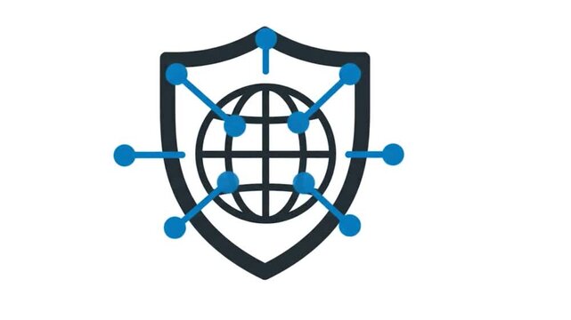 Global network security shield icon animation displaying connected nodes moving in seamless digital motion graphic loop