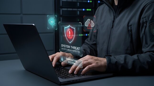 Cybersecurity analyst using laptop with threat detection shield icon