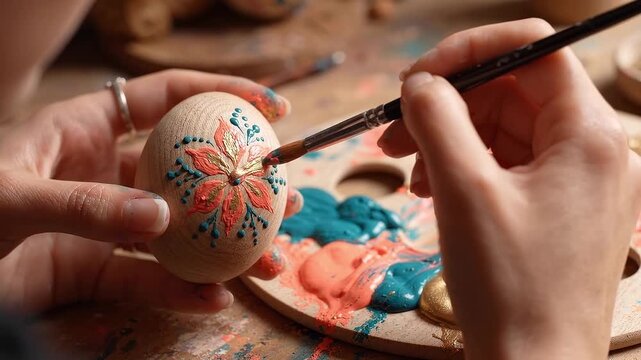 Artist paints a floral design on a wooden egg beside a colorful palette, showing a detailed handmade Easter decoration process.