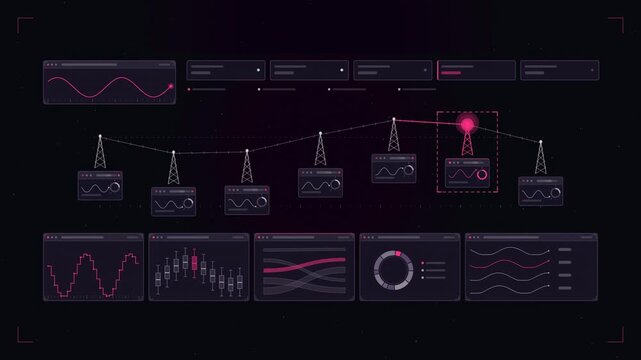 Abstract animated signal relay chain passing drawn as cool blue-white lines and shapes on a deep dark background. Seamless looping 4K motion graphics video with free space for text, ideal for technolo