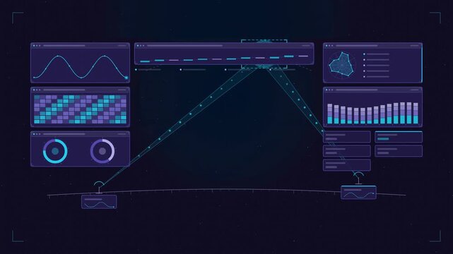 Abstract animated satellite communication uplink downlink drawn as blue and cyan lines and shapes on a deep dark background. Seamless looping 4K motion graphics video with free space for text, ideal f