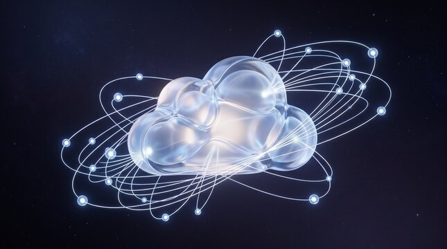 Digital cloud computing icon with glowing data network orbits on dark background