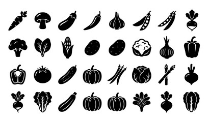 Obraz premium Vegetable Flat Silhouette Icons Set with Carrot Tomato Broccoli Onion and Fresh Produce Vector Collection