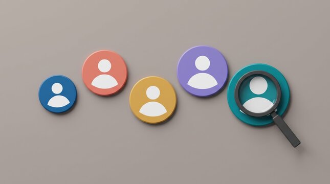 Colorful user icons with magnifying glass inspection