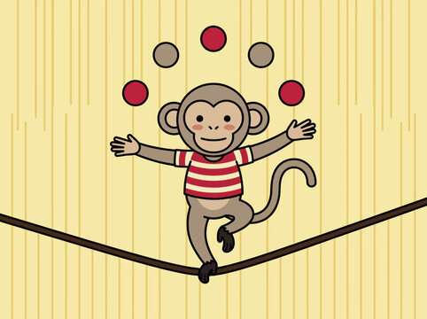 Cute Cartoon Monkey Juggling Balls While Balancing on a Tightrope - Conceptual Vector Illustration of Multitasking and Skill