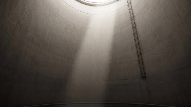 Sunlight entering an empty cylindrical silo with a wall ladder