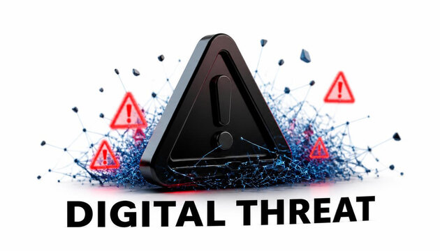 Black caution warning sign floating above shattered digital network connections representing severe cyber security threat vulnerability