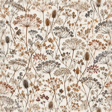 Vintage botanical seamless pattern, dried wildflower meadow wallpaper, rustic autumn floral background with sepia herbs and umbel flowers